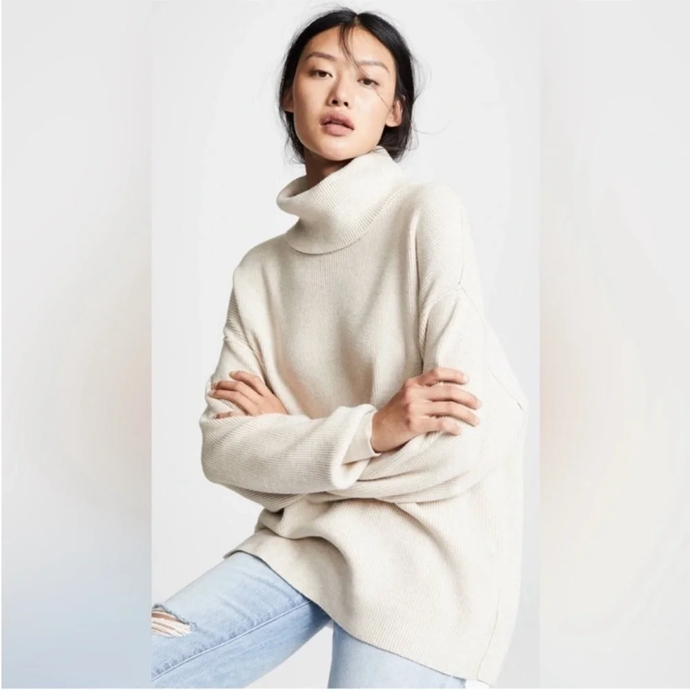 Free People Softly Structured Turtleneck Ribbed Knit Oversized Sweater Oatmeal - Picture 3 of 9